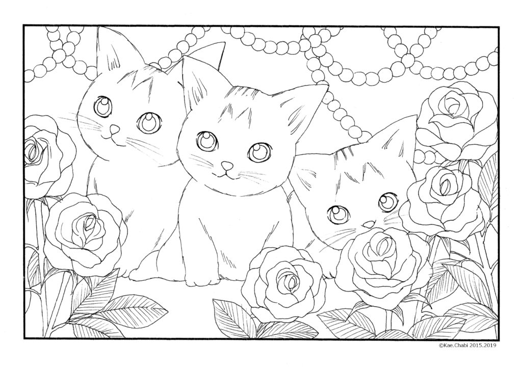 6月ぬりえバラの花と猫薔薇真珠6月誕生石猫と女性大人の